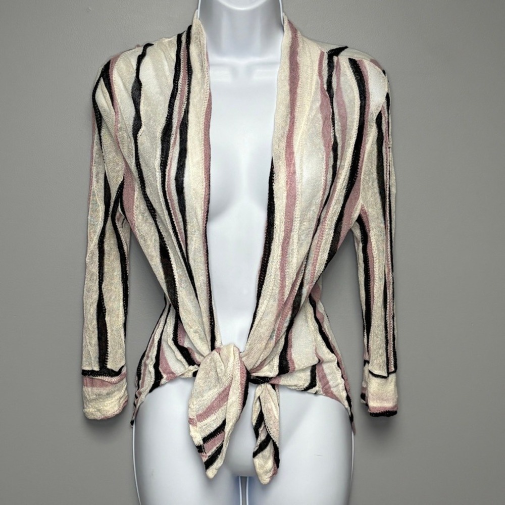 Elaua Kattau Made In USA Linen Blend Y2K Sheer Open Front Striped Cardigan Sz XS